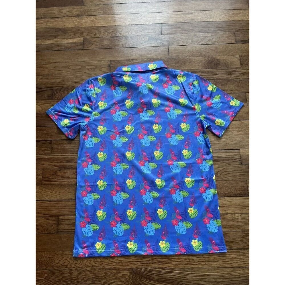 Proud 90 Golf Polo Shirt Men's Blue Floral Flamingo Stretch Short Sleeve Size S - Picture 2 of 4